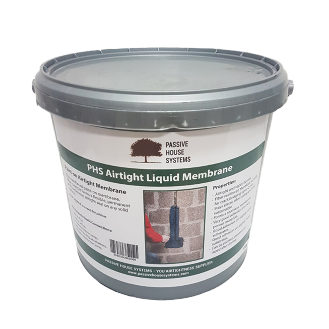 Bucket of PHS Airtight Liquid Membrane with label on a white background