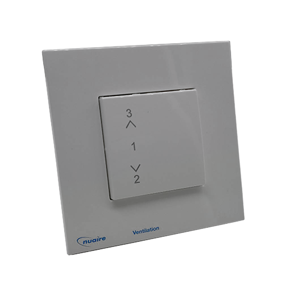 Gray wall-mounted control panel with numerical and directional indicators on a white background, featuring the Nuaire logo.
