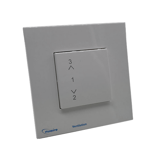Gray wall-mounted control panel with numerical and directional indicators on a white background, featuring the Nuaire logo.