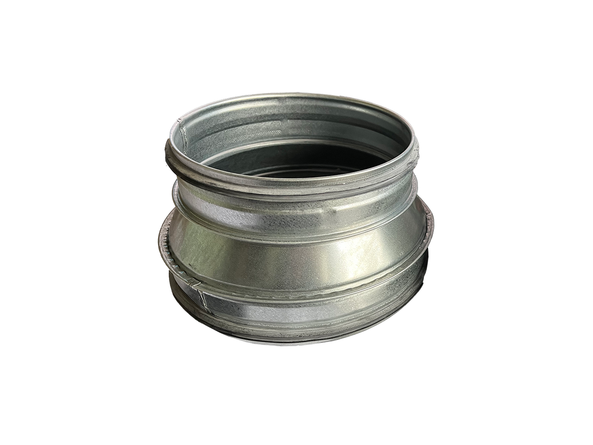 A silver metal reducer for ducting, with a circular shape and a ribbed surface.