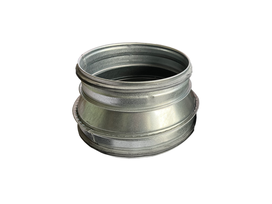 A silver metal reducer for ducting, with a circular shape and a ribbed surface.