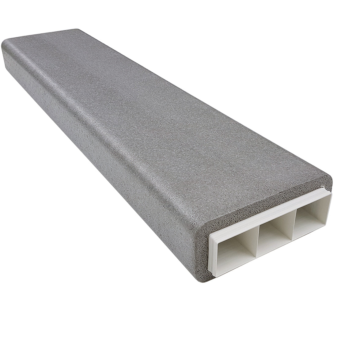 Gray concrete bench with white base on a white background