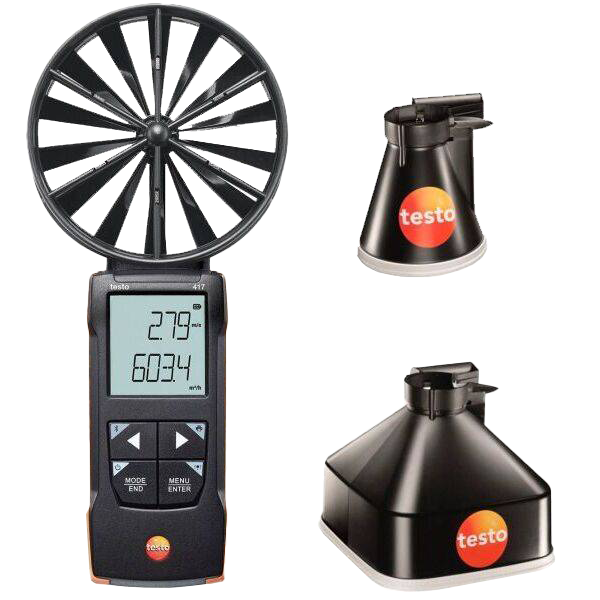 Testo anemometer with wind vane and two additional probes on a white background