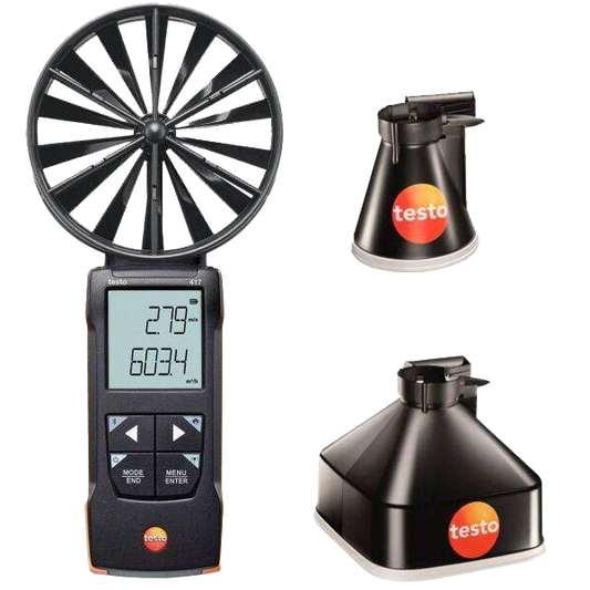 Testo anemometer with wind vane and two additional probes on a white background