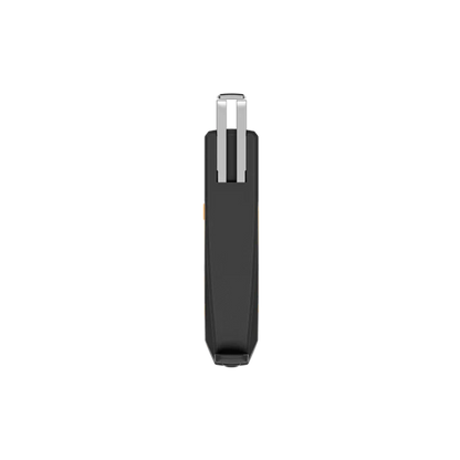Black and silver cylindrical object on a white background