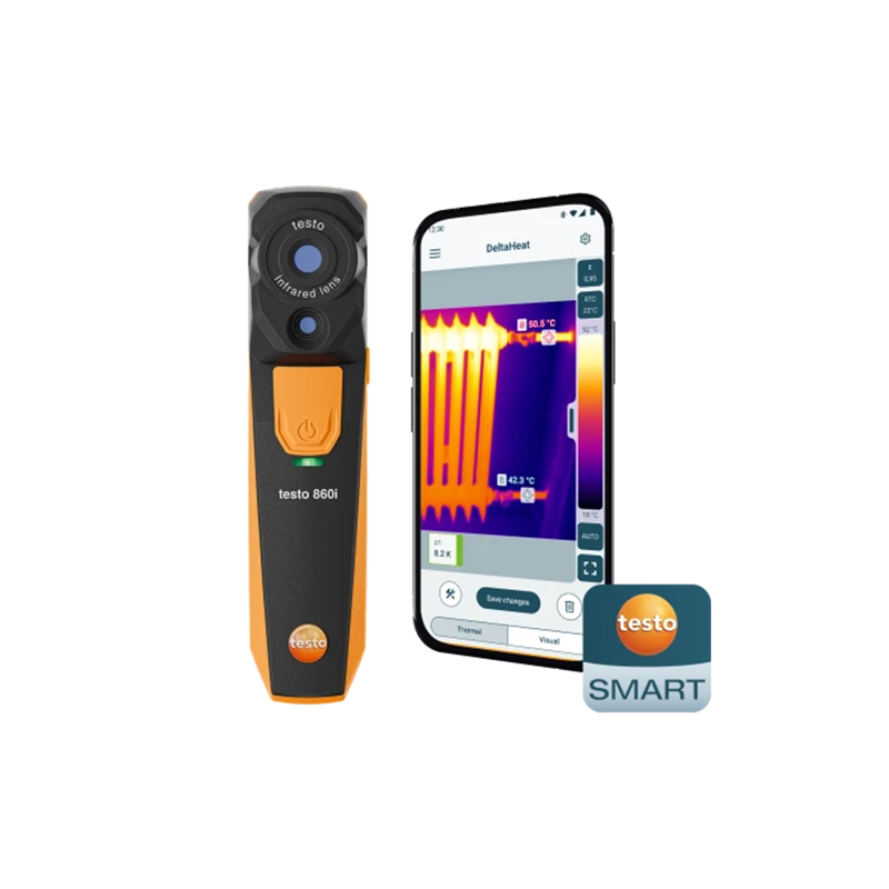 Thermographic camera and smartphone displaying app with Testo logo on a white background