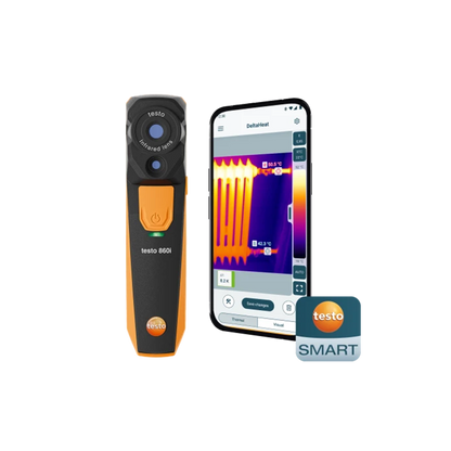 Thermographic camera and smartphone displaying app with Testo logo on a white background