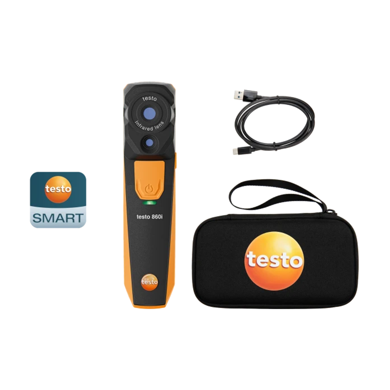 Testo infrared thermometer with carrying case and cable on a white background