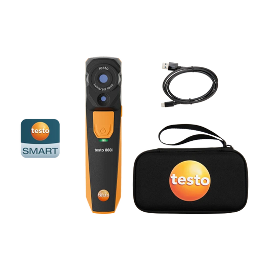 Testo infrared thermometer with carrying case and cable on a white background