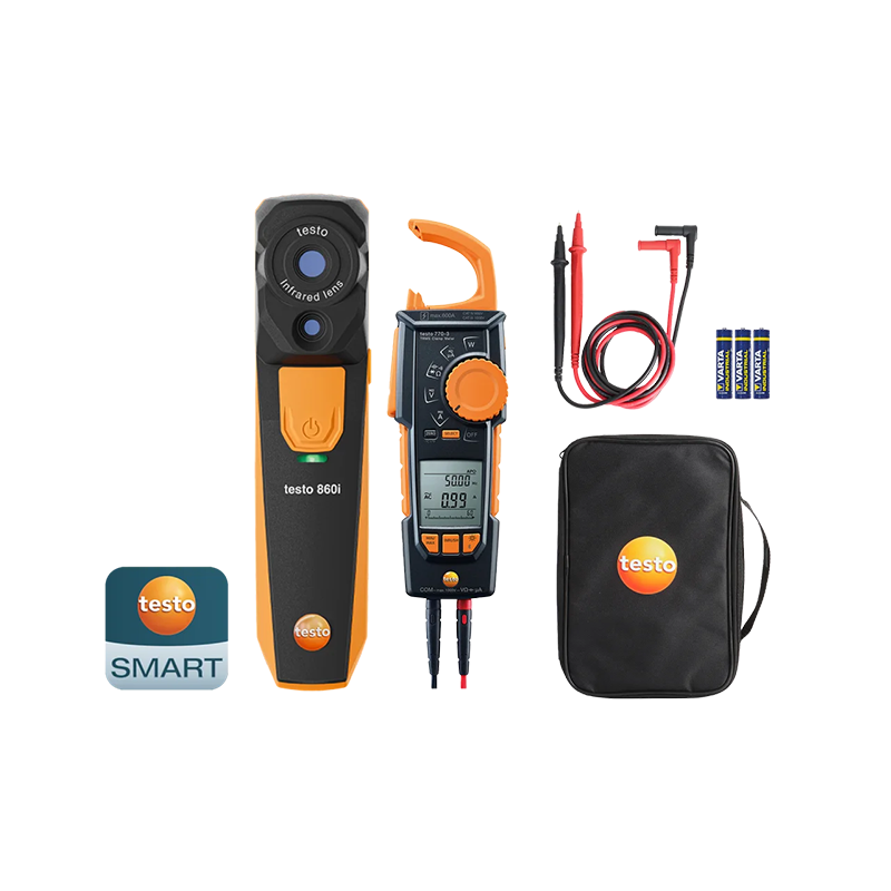 Testo measurement instruments including a thermal imager, clamp meter, and carrying case on a white background.
