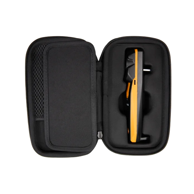Black carrying case with a pair of sunglasses inside on a white background