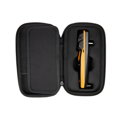 Black carrying case with a pair of sunglasses inside on a white background