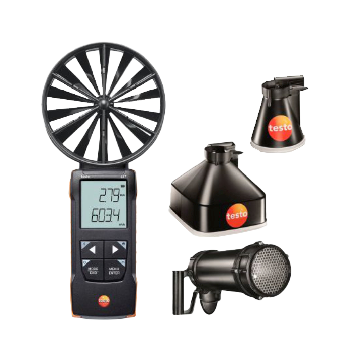 Testo anemometer with various attachments on a white background