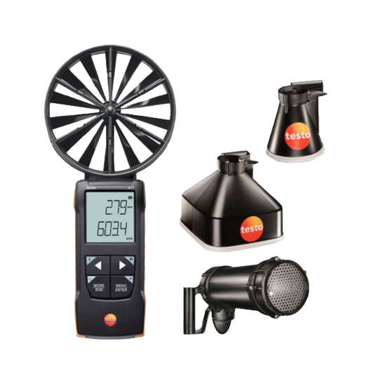 Testo anemometer with various attachments on a white background