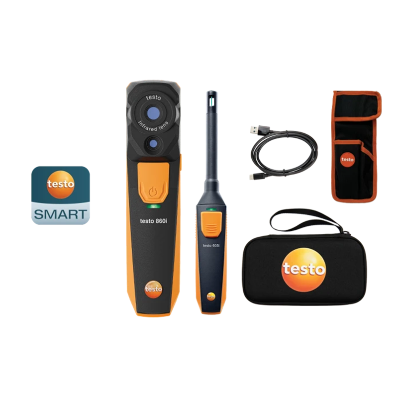 Testo smart device with accessories on a white background