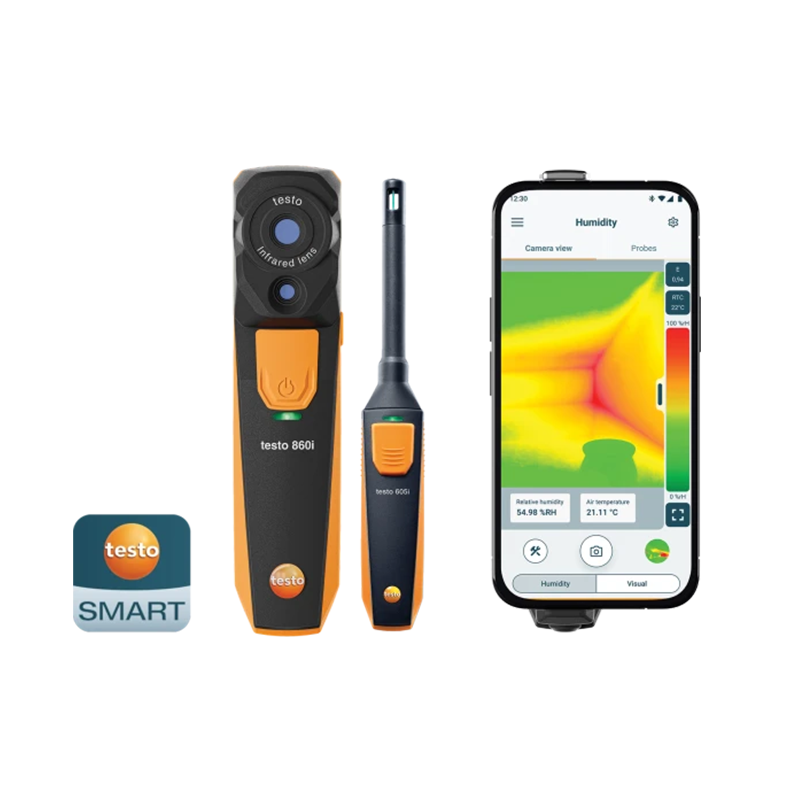 Thermographic camera, smartphone with app interface, and testo logo on a white background