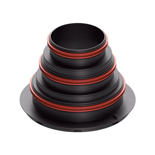 Stack of black and red cylindrical components on a white background