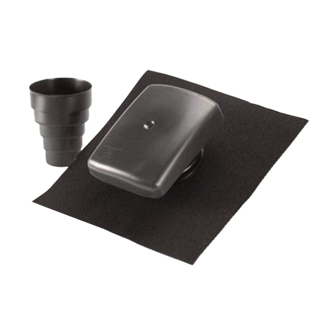 Black plastic component on a black mat with a white background