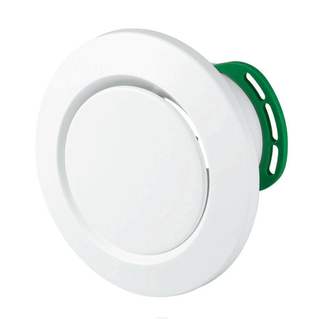 White light fixture with green handle on a white background