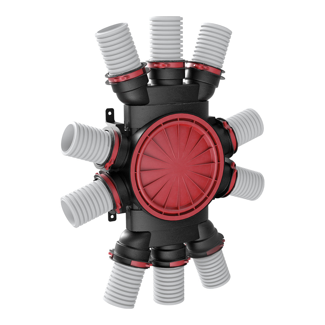 Mechanical device with red and black central component and gray cylindrical extensions on a white background